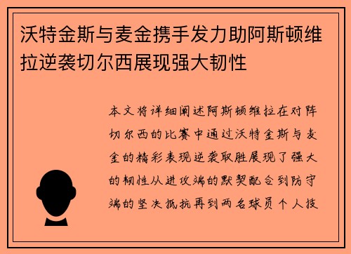 沃特金斯与麦金携手发力助阿斯顿维拉逆袭切尔西展现强大韧性