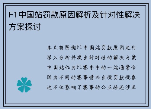 F1中国站罚款原因解析及针对性解决方案探讨
