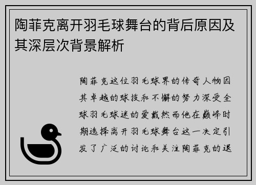 陶菲克离开羽毛球舞台的背后原因及其深层次背景解析