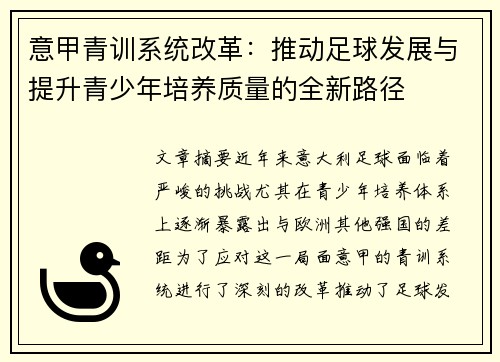 意甲青训系统改革：推动足球发展与提升青少年培养质量的全新路径