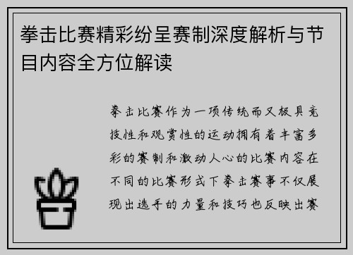 拳击比赛精彩纷呈赛制深度解析与节目内容全方位解读